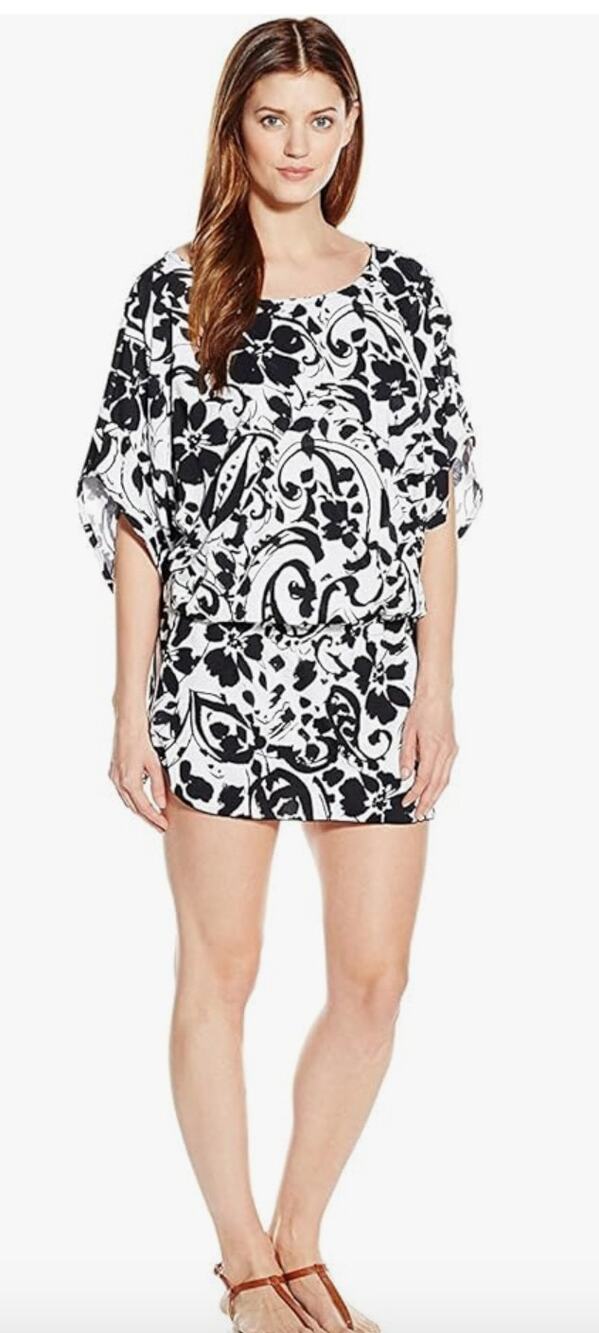 Anne Cole Resort Swim Cover Up Tunic Dress Black White Antigua Print L/XL